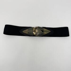 Vintage Omega Brass Arrowhead Clasp Buckle Black Stretch Belt Women's Sz M 2335